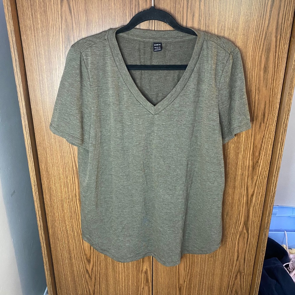 SHEIN V-Neck T-Shirt Womens Large Brown Heathered Short Sleeve‎ Top